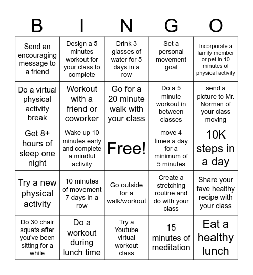 Health & Wellness Team Movement Challenge Bingo Card