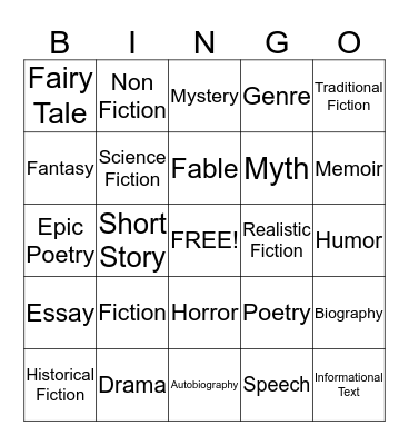 Genres of Literature Bingo Card