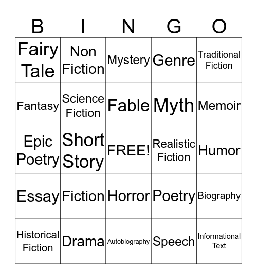 Genres of Literature Bingo Card