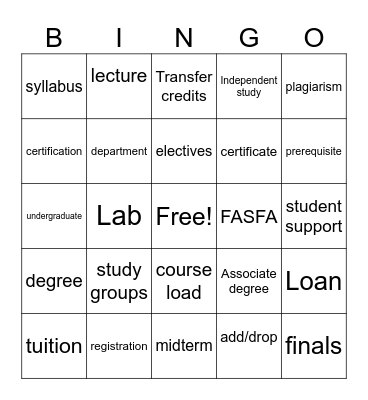 College Lingo Bingo Card