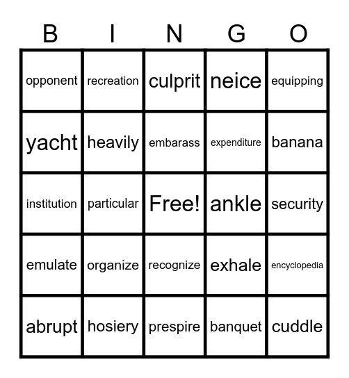 7th Grade Sight Words Bingo Card