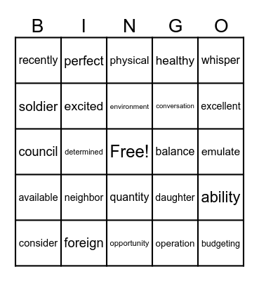 8th Grade Sight Words Bingo Card