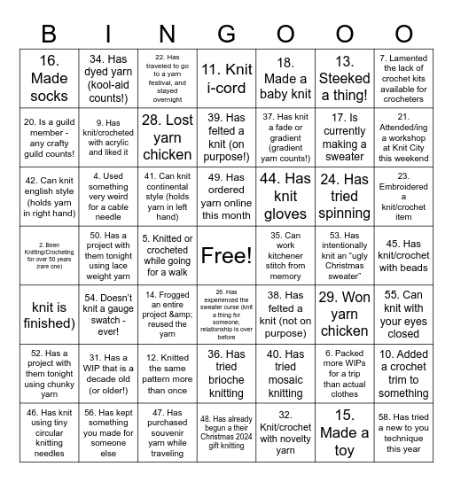 KnitCity Bingo Card