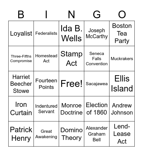 US History 1 Bingo Card