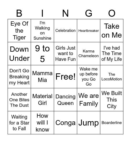 70/80s Music Bingo Card