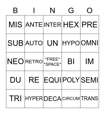 MORPHOLOGY - PREFIXES Bingo Card