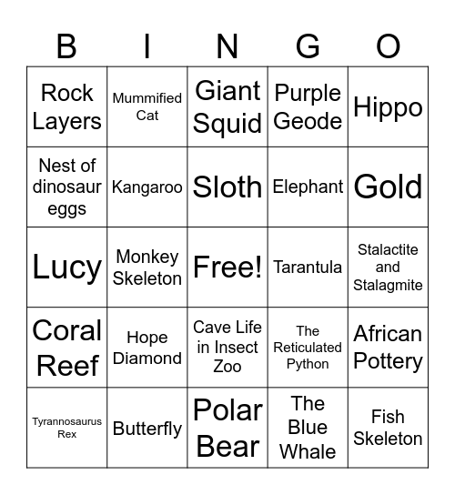 Smithsonian Natural History Scavenger Hunt Bingo Card