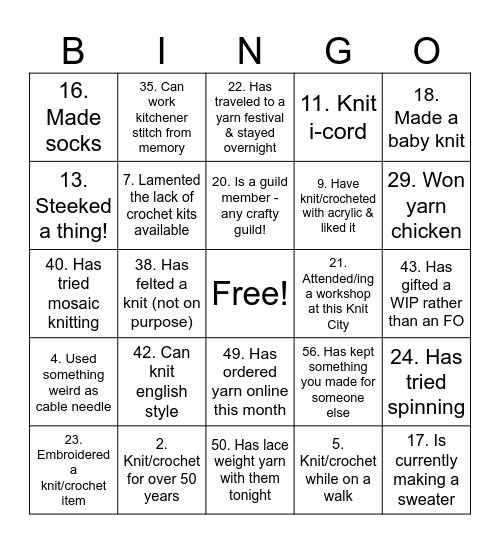 Knit City Bingo Night Bingo Card