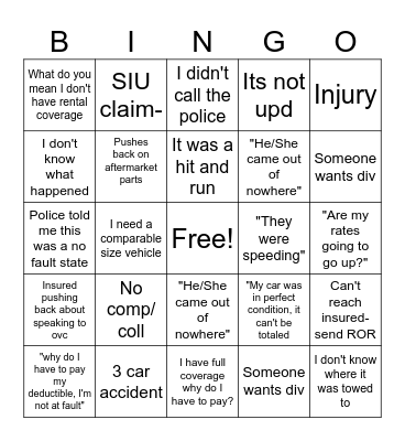 CLAM ADJUSTER THINGS Bingo Card