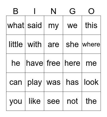 Sight words Bingo Card