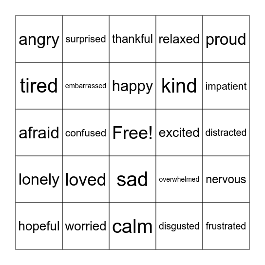 Feelings Card Bingo Card