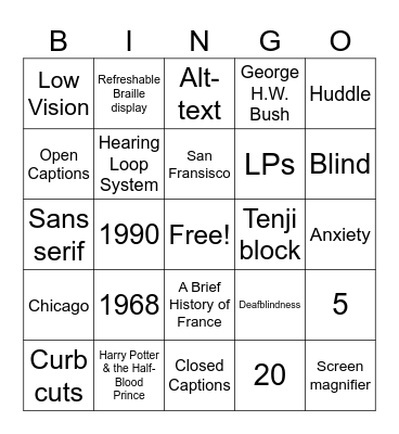 Accessibility Bingo Card