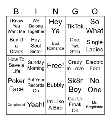 2000's Pop Bingo Card
