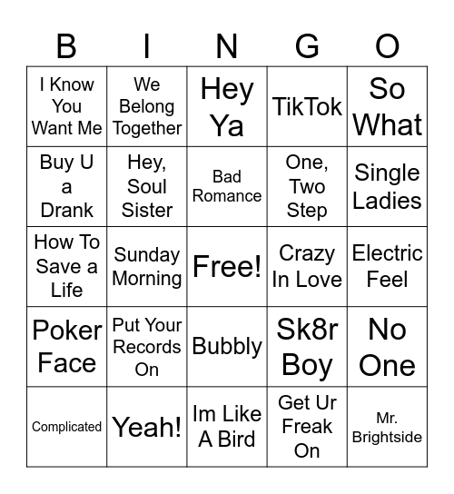 2000's Pop Bingo Card