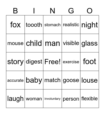 Spelling and Vocabulary BINGO Card