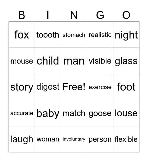 Spelling and Vocabulary BINGO Card