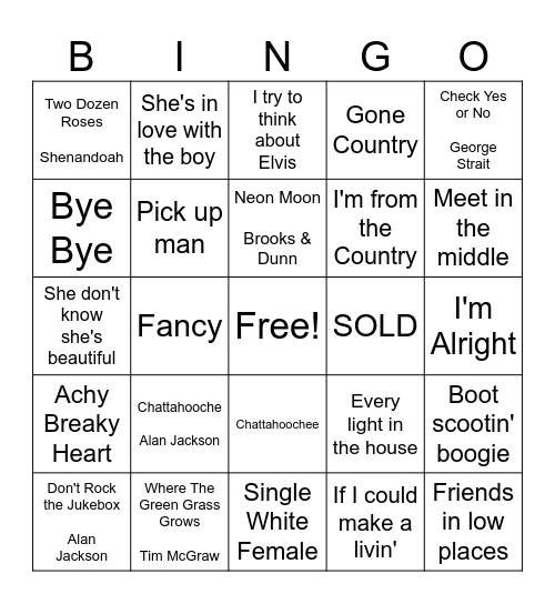 90s Country Music Bingo Card