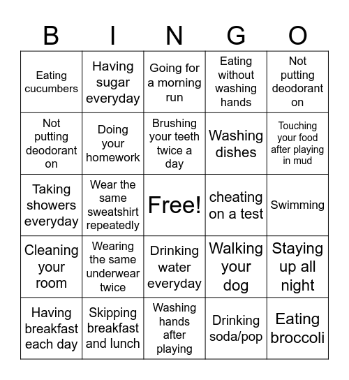 Healthy vs. Unhealthy Choices Bingo Card