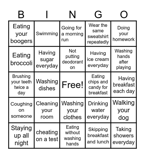 Healthy vs. Unhealthy Choices Bingo Card