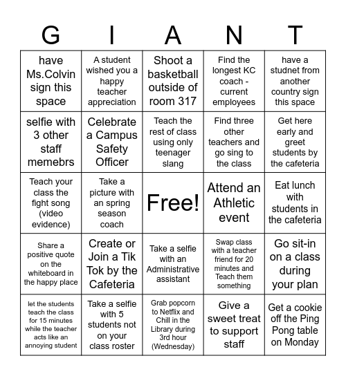 KC Teacher Appreciation Bingo Card