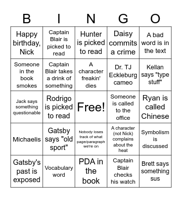 The Great Gatsby Bingo Card