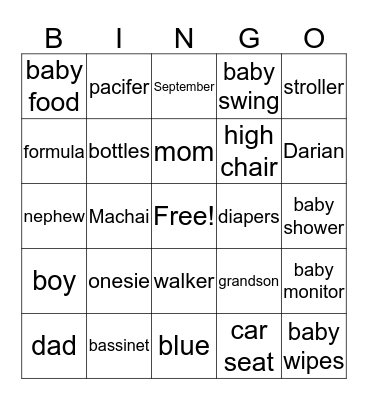 Desiah's Baby Shower Bingo Card