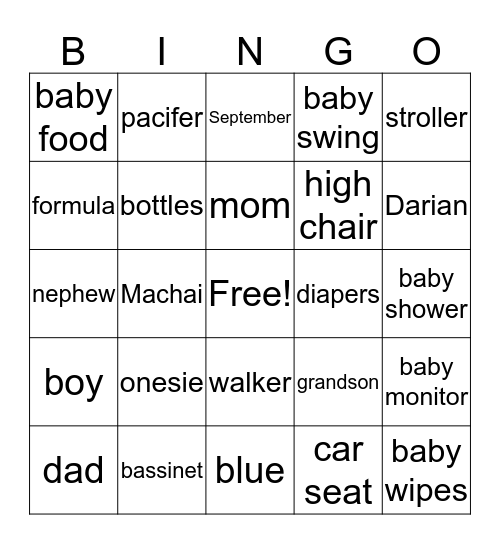 Desiah's Baby Shower Bingo Card