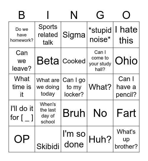 Student Sayings Bingo Card