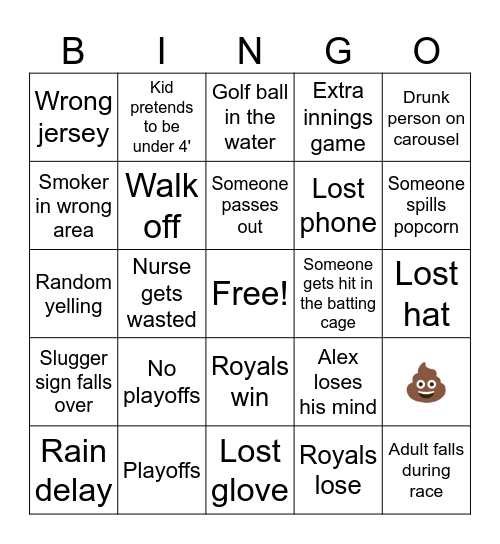 Alex & Cera Royals Stadium Bingo Card