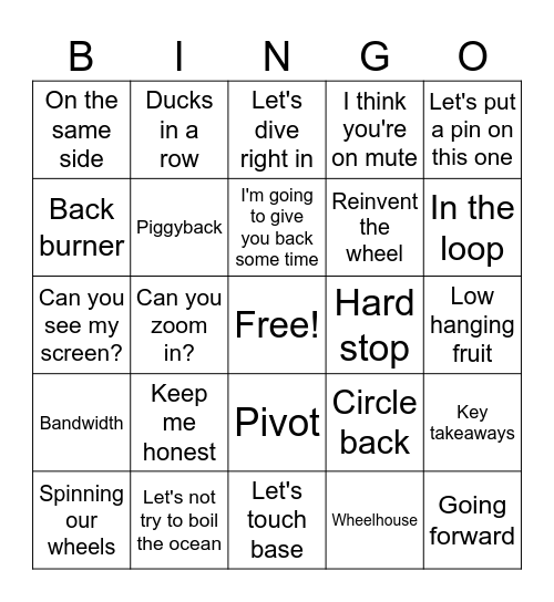 Corporate Phrases Bingo Card