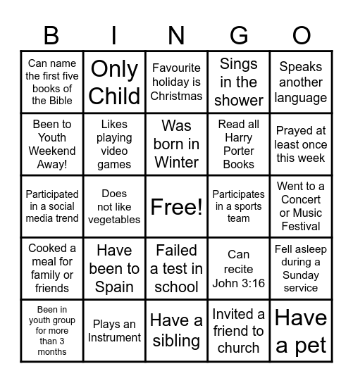 Youth Group Bingo Card