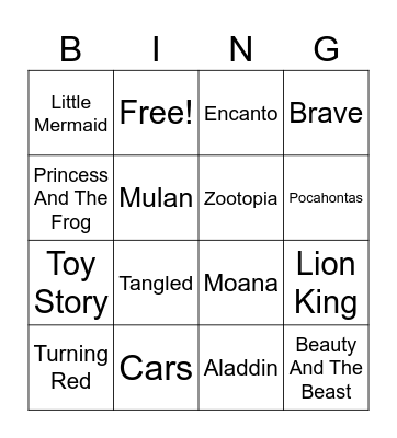 Disney Song Bingo Card