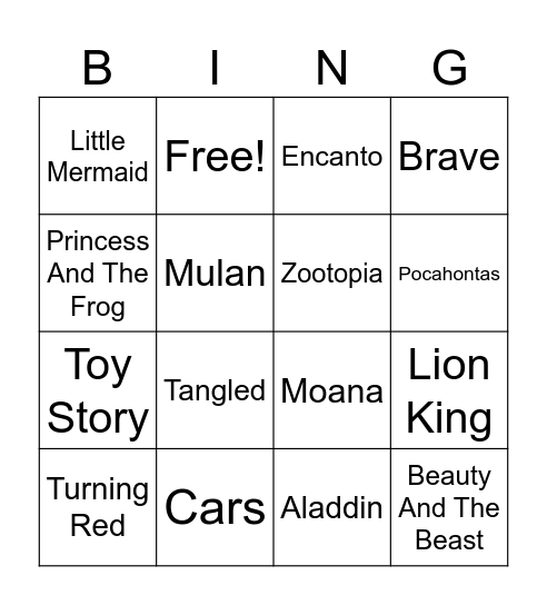 Disney Song Bingo Card