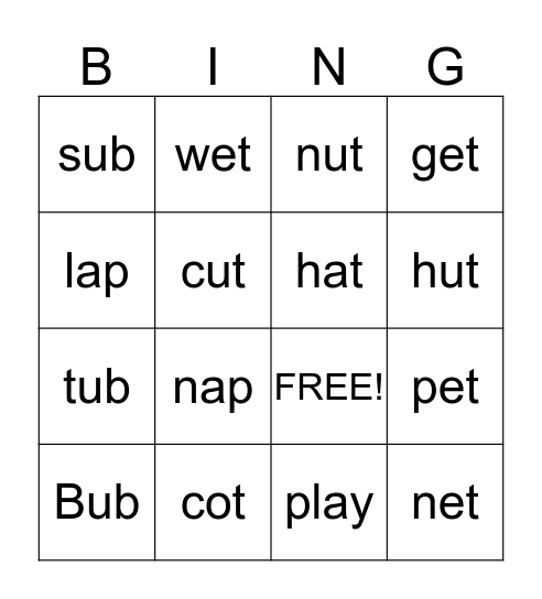 Short Vowels Bingo Card