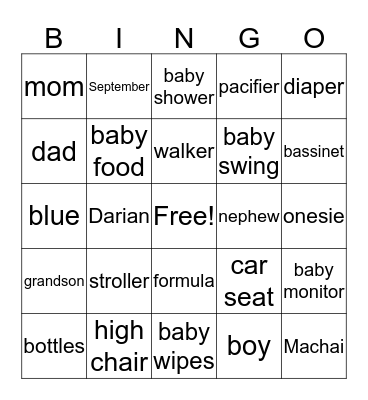 Desiah's Baby Shower Bingo Card