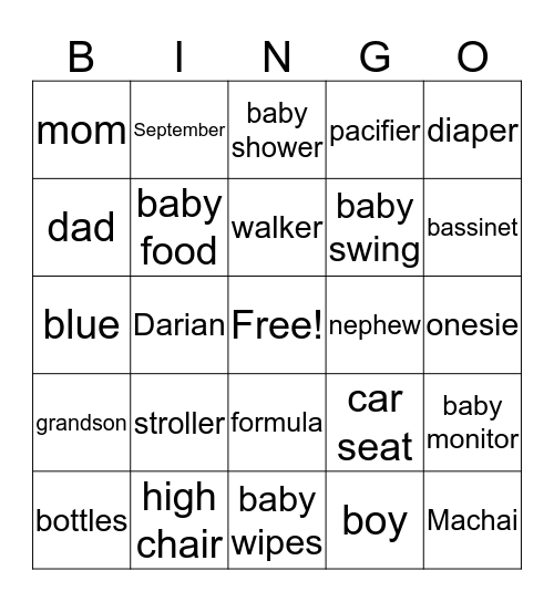 Desiah's Baby Shower Bingo Card