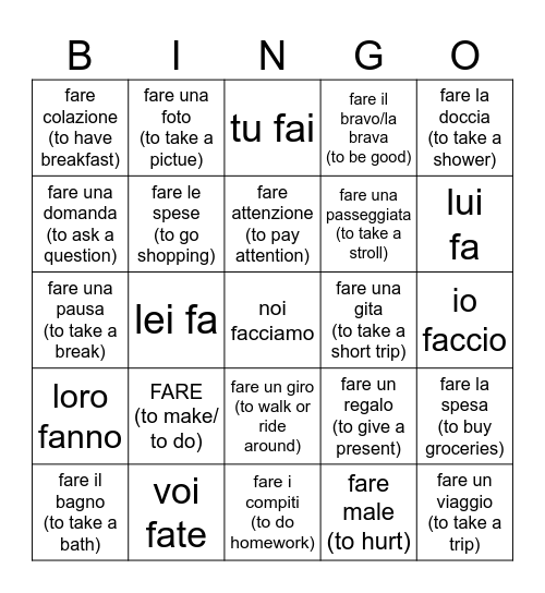 Fare Bingo Card