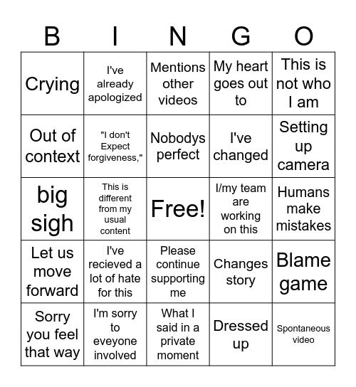 YouTube Apology Bingo Card