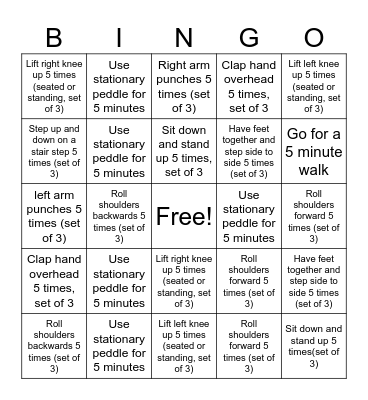 Bingo Exercise Bingo Card