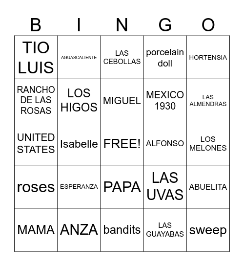 ESPERANZA RISING Bingo Card