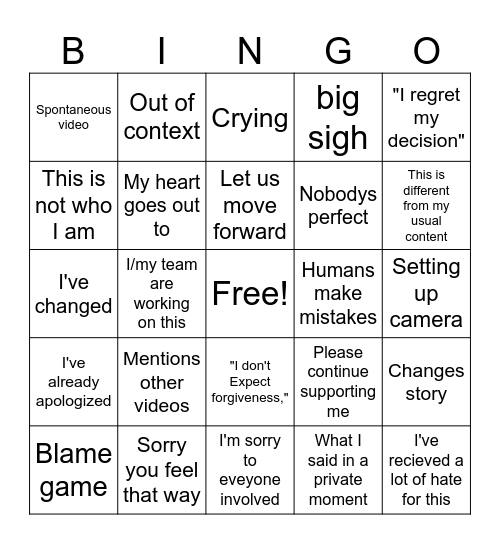 YouTube Apology Bingo Card