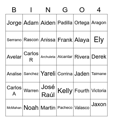 Mr. Kelly's Class' Names Bingo Card