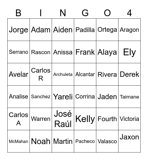 Mr. Kelly's Class' Names Bingo Card