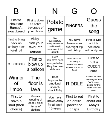 Abby’s Hen Bingo Card