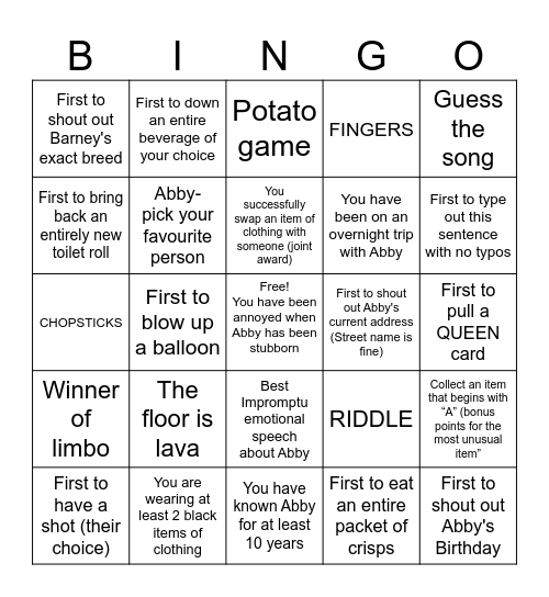 Abby’s Hen Bingo Card