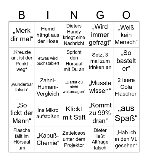 Dieter Bingo Card