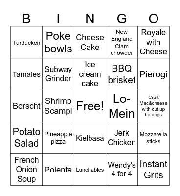 Food Bingo Card