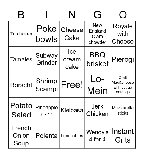 Food Bingo Card