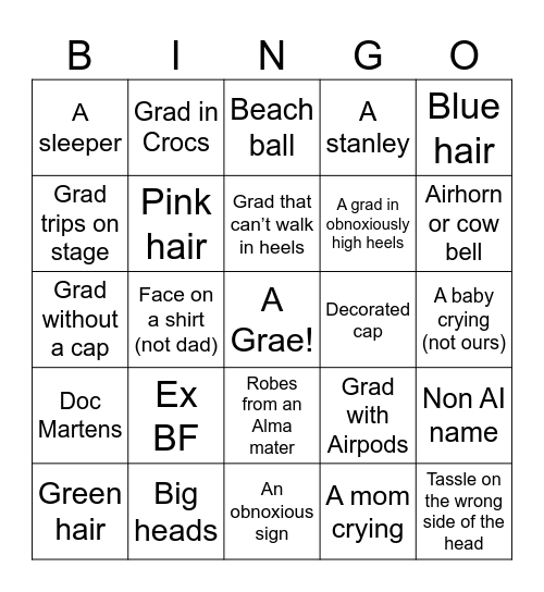 Grae’s Grad Bingo take 2 Bingo Card