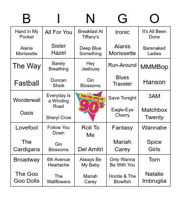 90's Pop Bingo Card